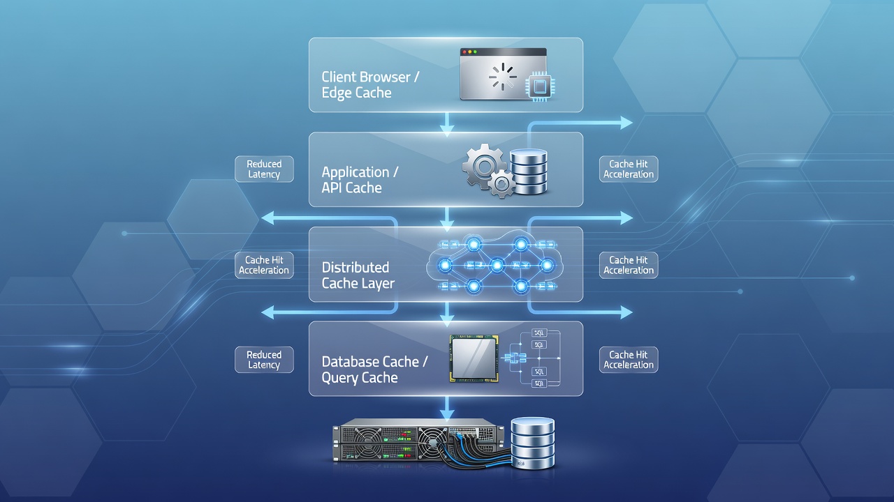 Flowchart showing data flow through edge, application, and database cache layers with hit and miss paths